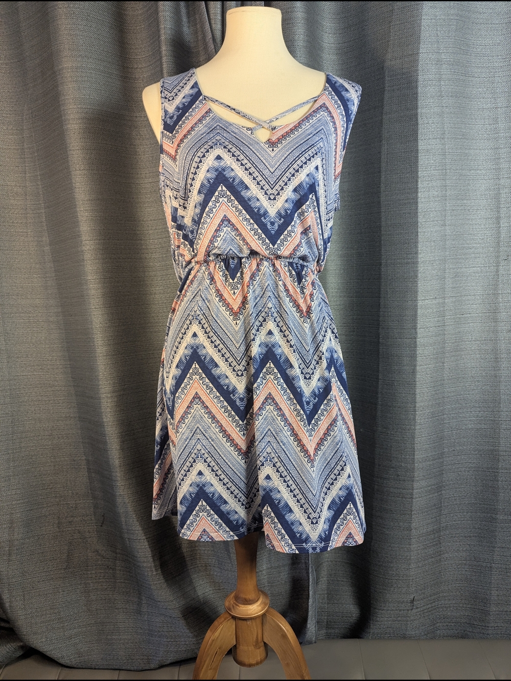 Trixxi Chevron Sleeveless Dress - Navy & Coral